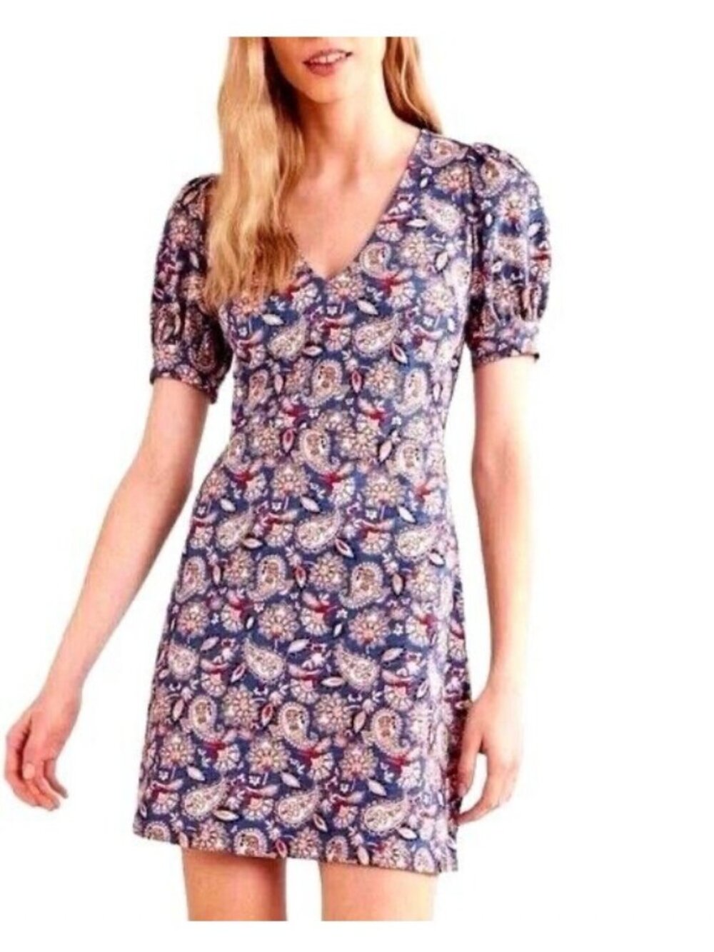 Boden V Neck Jersey Mini Dress Womens 6 Purple Floral Puff Sleeve New
